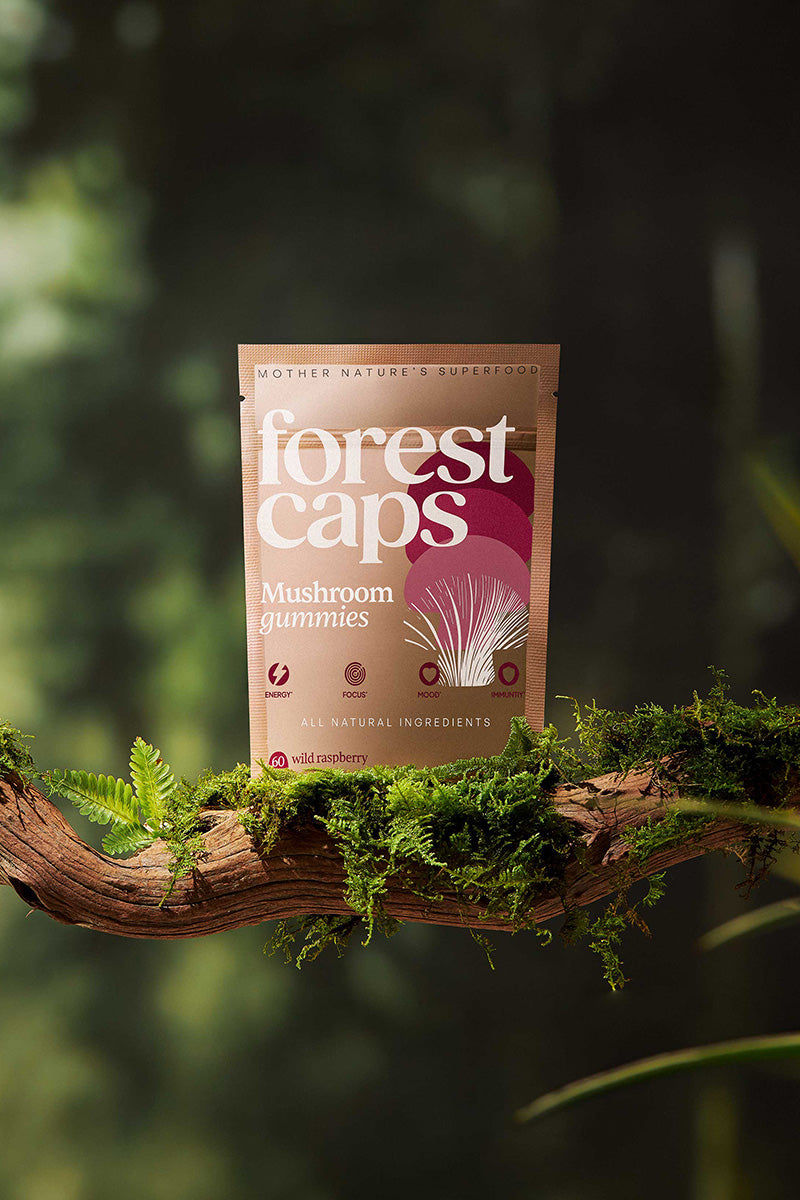 Forest Caps mushroom gummies, functional mushrooms, mushroom gummy ritual, wild raspberry
